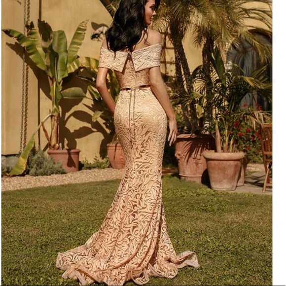 Blush/tan off shoulder gown Nicole Bakti - Picture 2 of 3